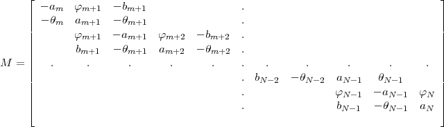       |_  -am   fm+1   -bm+1                  .                                    _| 
        -hm   am+1   -hm+1                  .
              f      -a      f      -b      .
               m+1     m+1    m+2     m+2
              bm+1   -hm+1   am+2   -hm+2   .
M  =     .      .       .      .       .    .   .       .      .       .     .
                                            . bN -2  -hN -2  aN -1   hN-1
                                            .                fN -1  -aN -1  fN
      |_                                      .                bN- 1  -hN -1  aN   _| 
